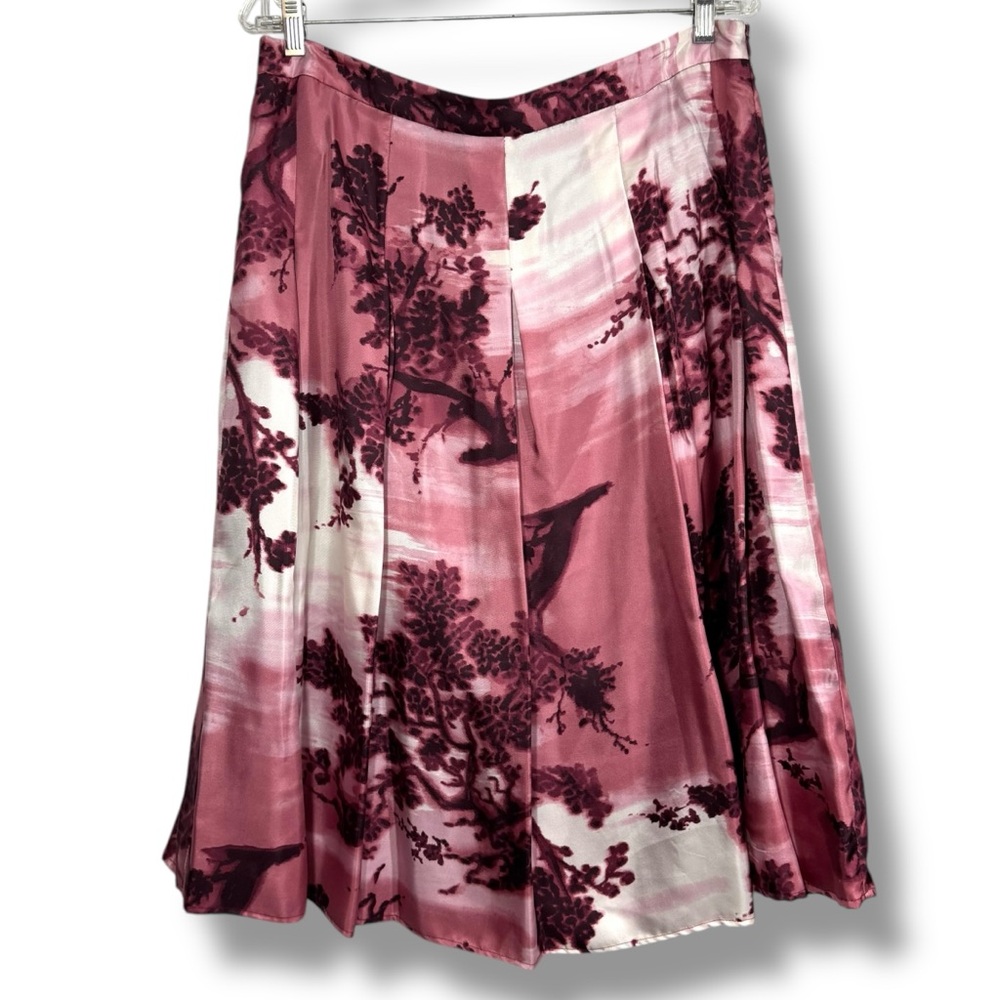 Fresh Twist Red Pink Burgundy Tree Print Silk Skirt